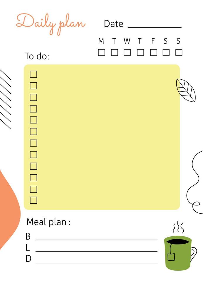 uma folha vertical com o plano diário e o plano de refeições. modelo de vetor com elementos abstratos e de linha. perfeito para um caderno ou diário