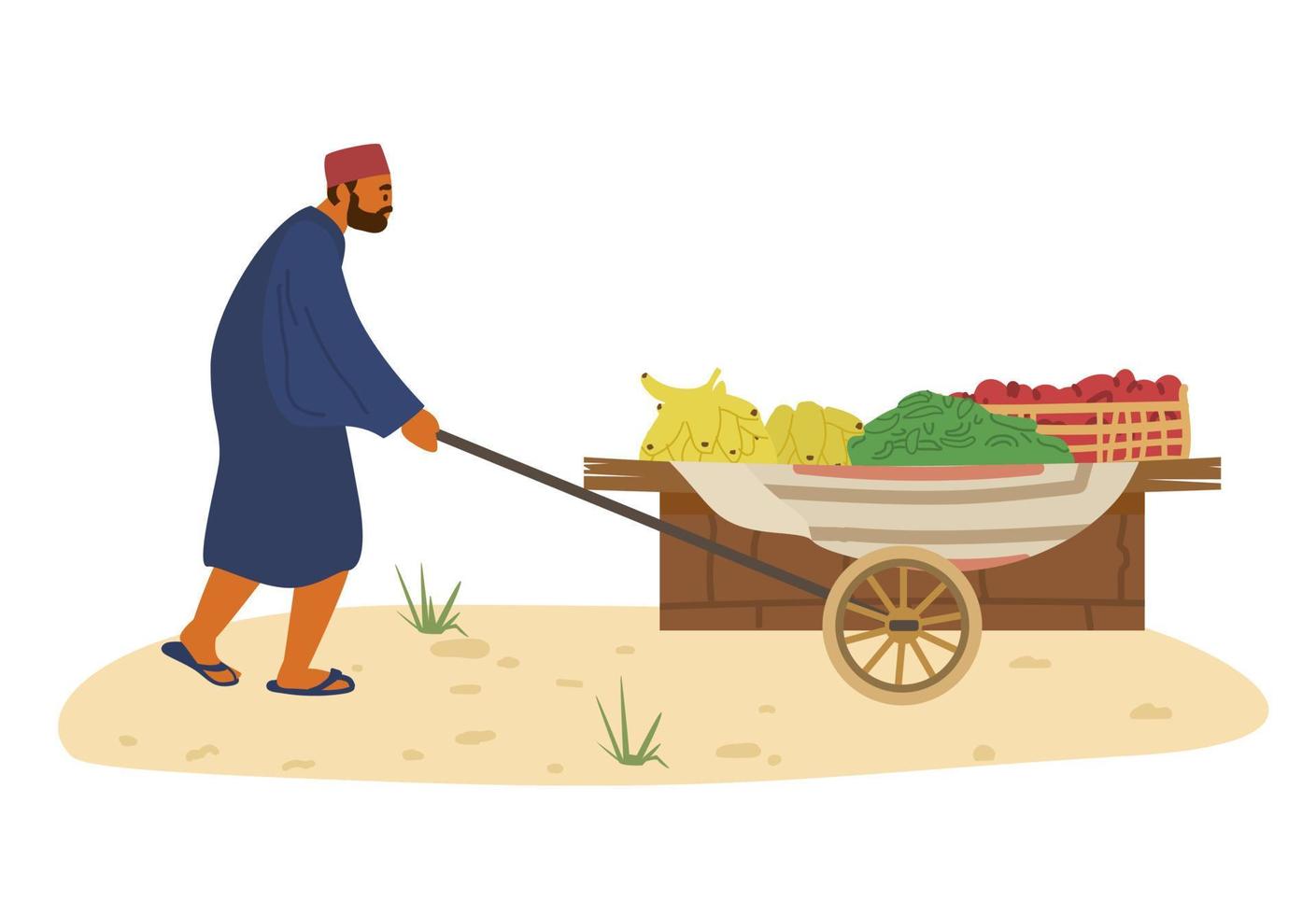 vendedor árabe com carrinho de comida com bananas, pepinos e tomates. comércio do mercado dos fazendeiros. personagem do Oriente Médio. ilustração vetorial. vetor