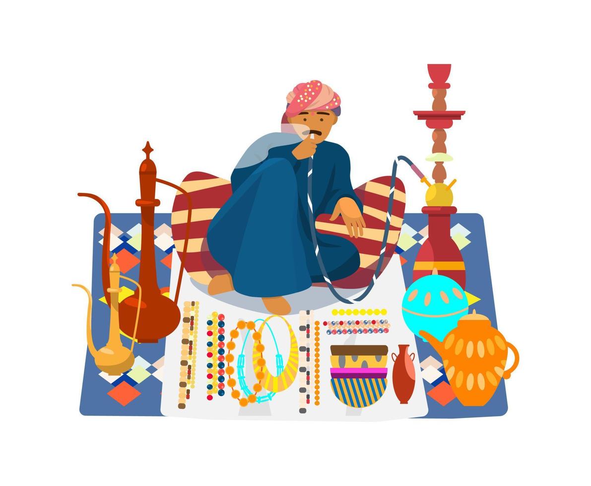 ilustração vetorial de homem árabe fumando cachimbo de água e vendendo lembranças tradicionais de cerâmica, joias, bules de chá. cultura do oriente médio. vetor