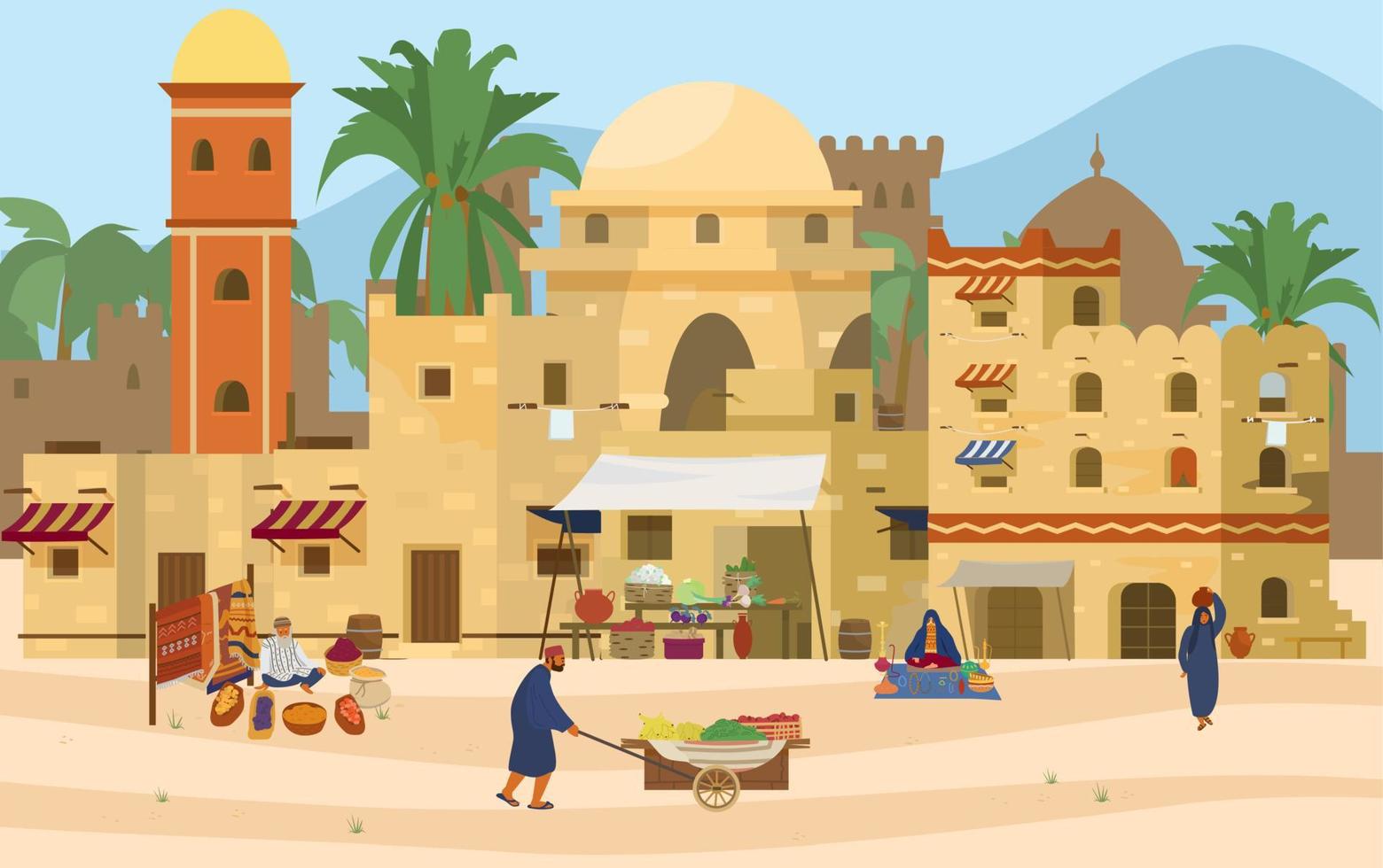 ilustração em vetor de cena do Oriente Médio. cidade antiga árabe com casas e pessoas tradicionais de tijolos de barro. bazar asiático com tapetes, especiarias, frutas e legumes.
