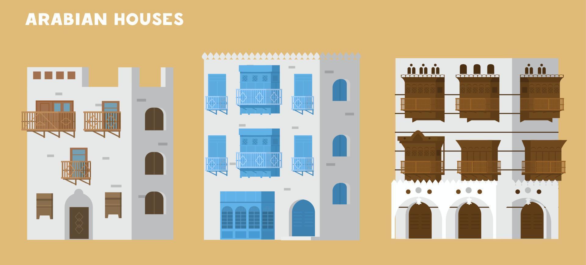 conjunto de ilustrações vetoriais de casas árabes tradicionais autênticas. edifícios antigos de jeddah. vetor