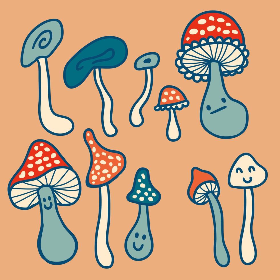 coleção de clipart de doodle de cogumelos agáricos fofos. vetor