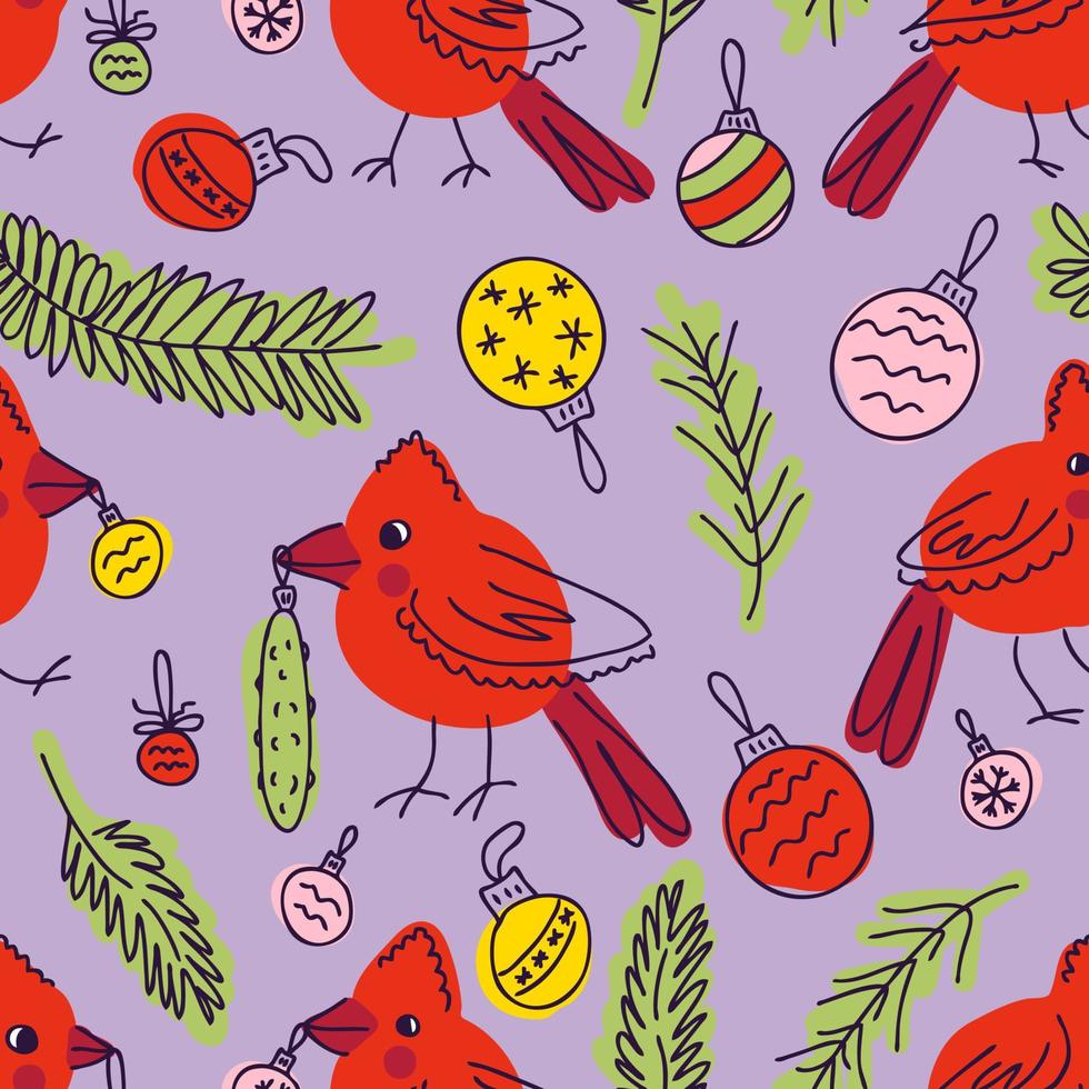 pássaros cardeais vermelhos do norte e brinquedos de natal doodle padrão sem emenda. vetor