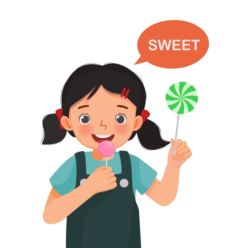 menina bonitinha segurando pirulito doce mostrando o sabor doce da língua cinco sentidos vetor