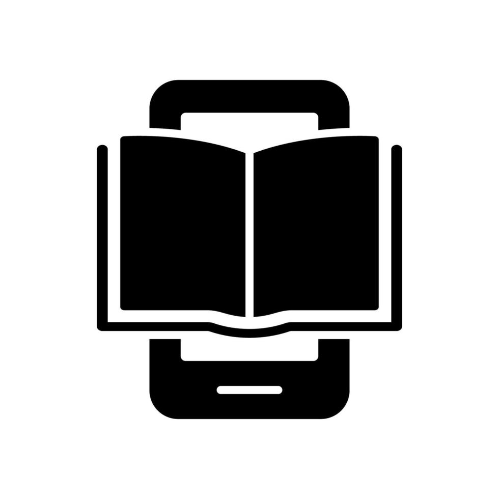 ícone de silhueta ebook no celular. dispositivo de livro eletrônico para educação e aprendizado. leitor de e-book, ícone preto do e-reader. smartphone com pictograma de ebook aberto. ilustração vetorial isolado. vetor