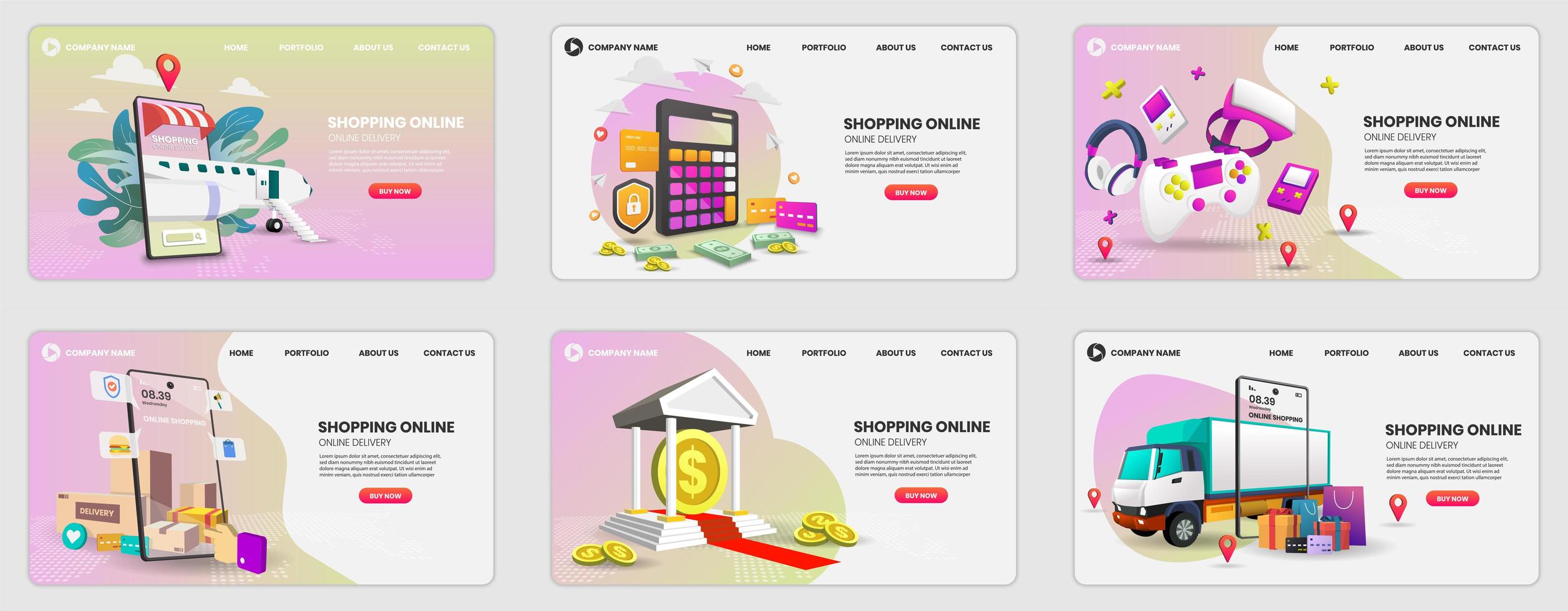 conjunto de modelos de design de página da web para compras online vetor
