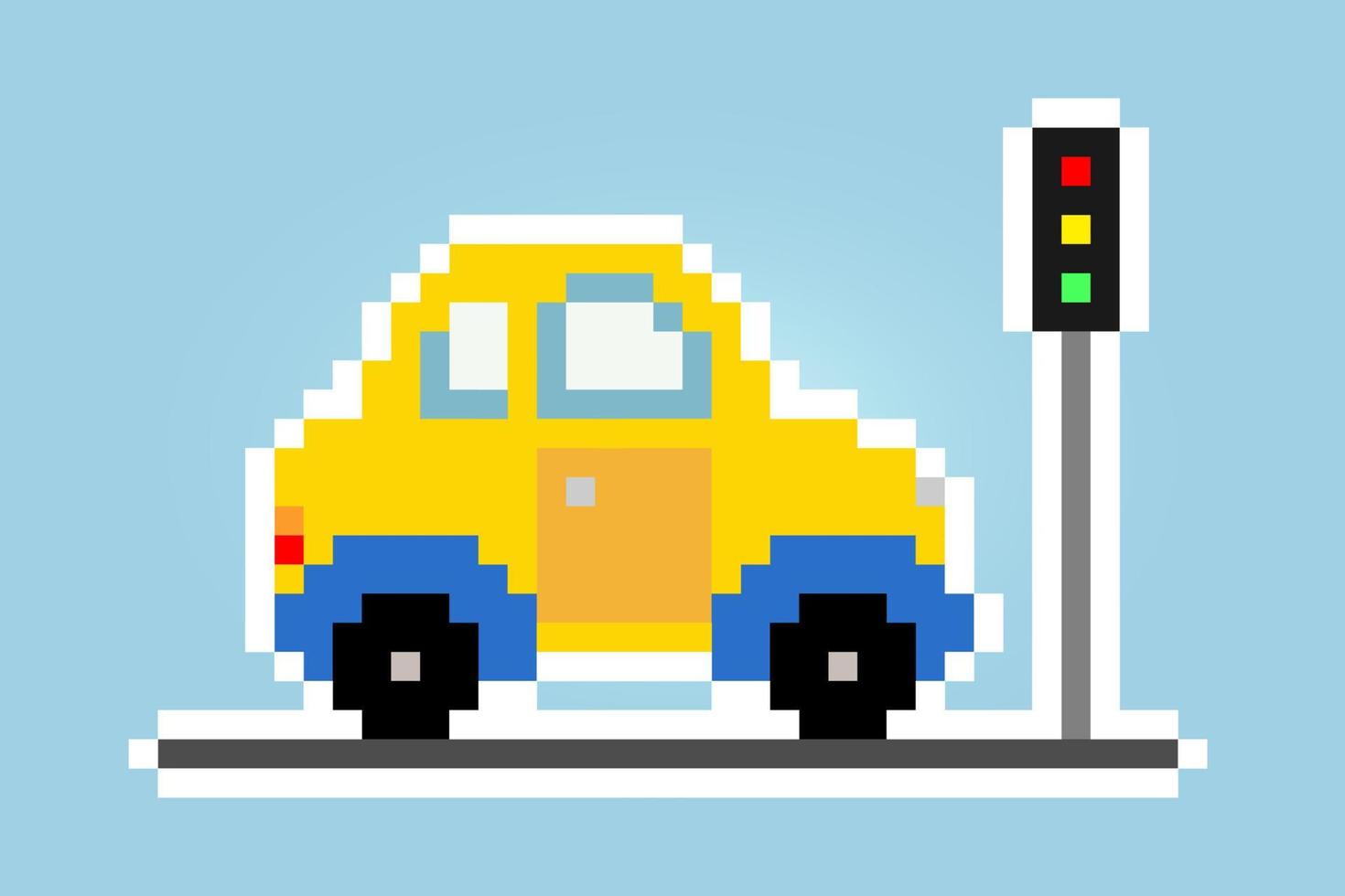 carro clássico de pixel no semáforo. ilustração em vetor de ativos de jogo de 8 bits.