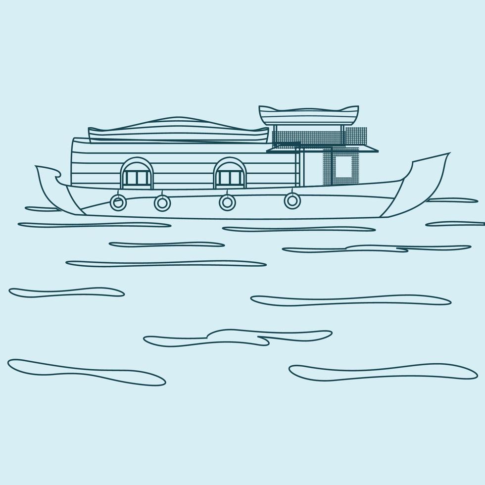 vista lateral editável remanso de barco de keralan indiano na ilustração vetorial de lago calmo no estilo de contorno para elemento de arte de recreação ou transporte de design relacionado ao sudoeste da índia vetor