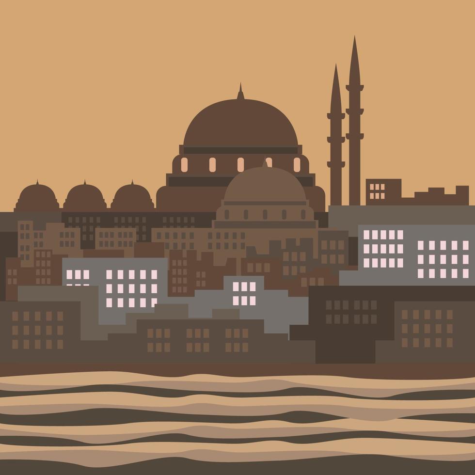 ilustração vetorial editável da cidade de istambul em estilo de silhueta plana com mar de mármara para design de momentos religiosos islâmicos, como ramadã e eid com panorama turco otomano vetor