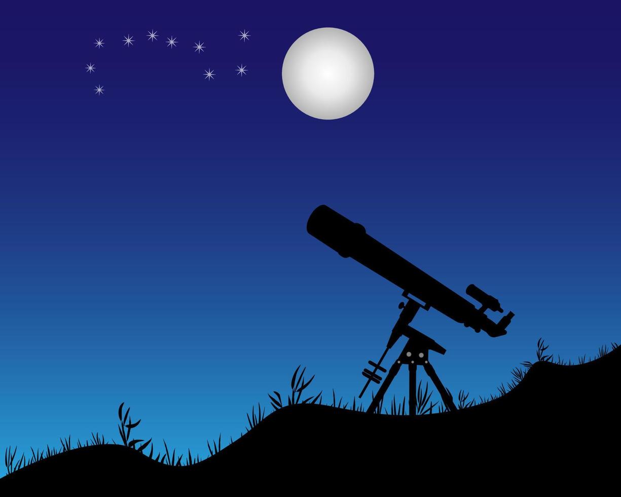 telescópio em pé no chão voltado para as estrelas e a lua vetor