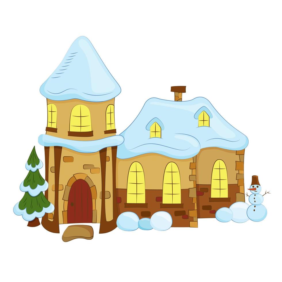 casa de dois andares suburbana coberta de neve. castelo de inverno com torre e alpendre. ilustração vetorial em estilo simples dos desenhos animados. vetor