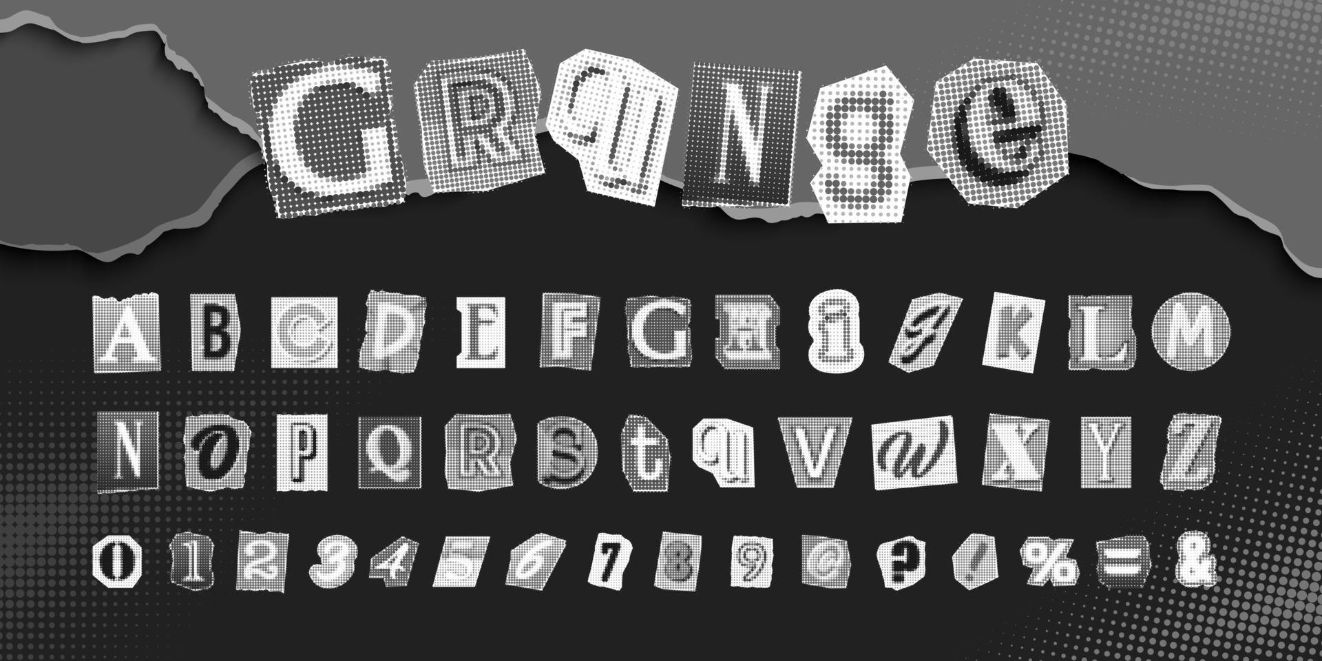 letras pretas e brancas, números e sinais de pontuação recortados de jornais e revistas. fonte de resgate, anônima ou detetive. alfabeto de vetor de colagem em estilo moderno. elementos vintage para o seu design