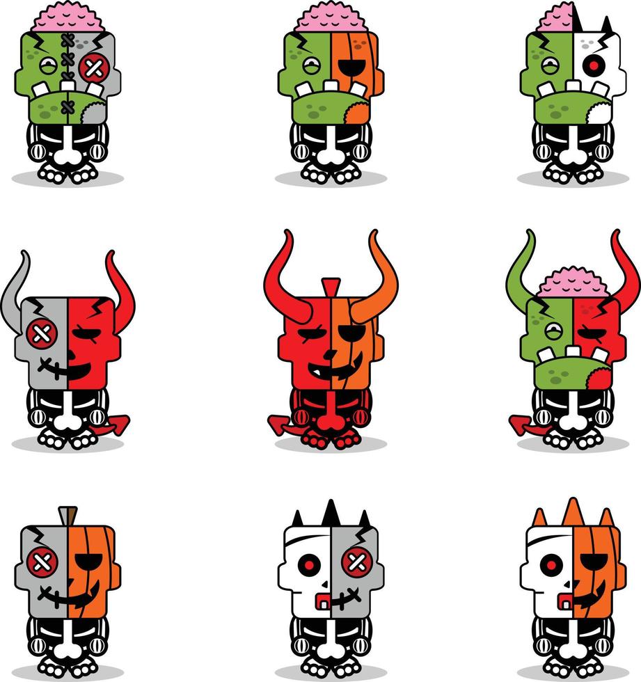 conjunto de festa de horror de crânio de monstro engraçado doodle. combinação de personagens de halloween vetor