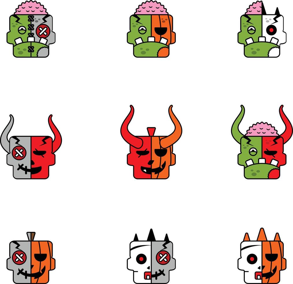 conjunto de festa de terror de monstros engraçados doodle. combinação de rosto de halloween vetor