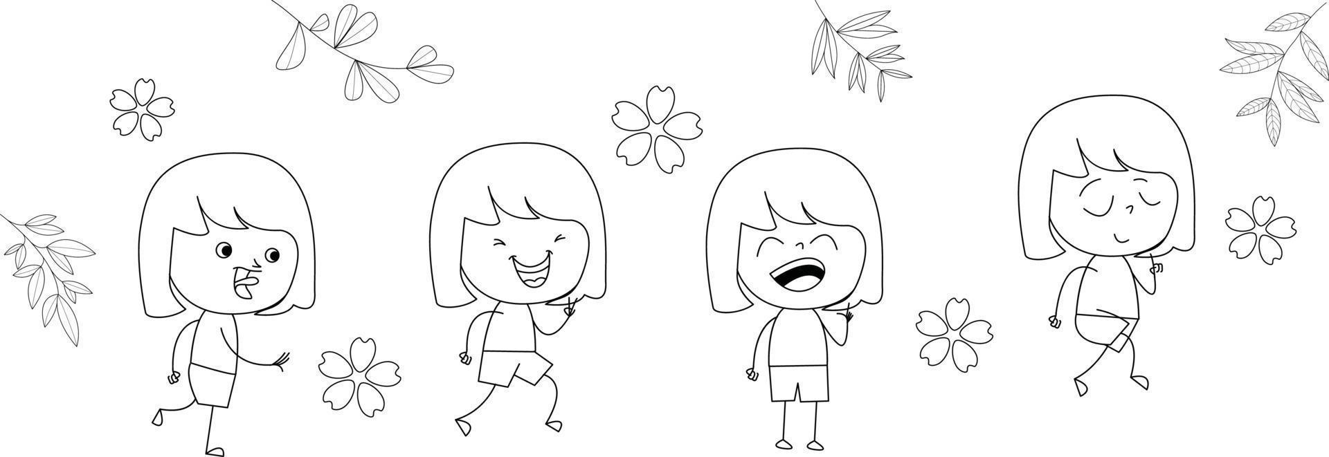 conjunto de ilustração fofa de garota feliz vetor