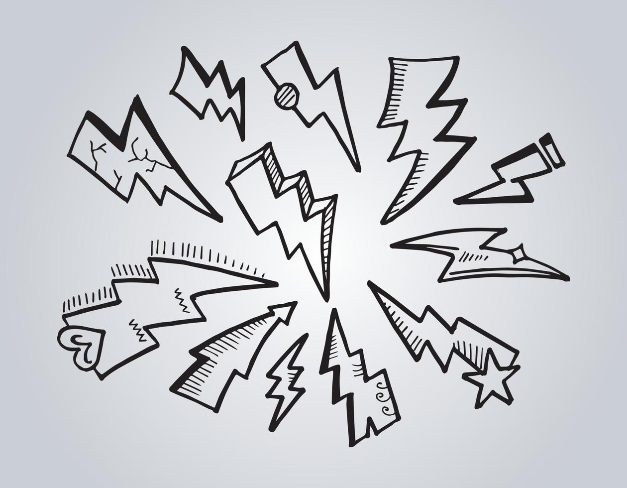 conjunto de ilustrações de esboço de símbolo de relâmpago elétrico mão desenhada doodle doodle. trovão, ilustração vetorial vetor