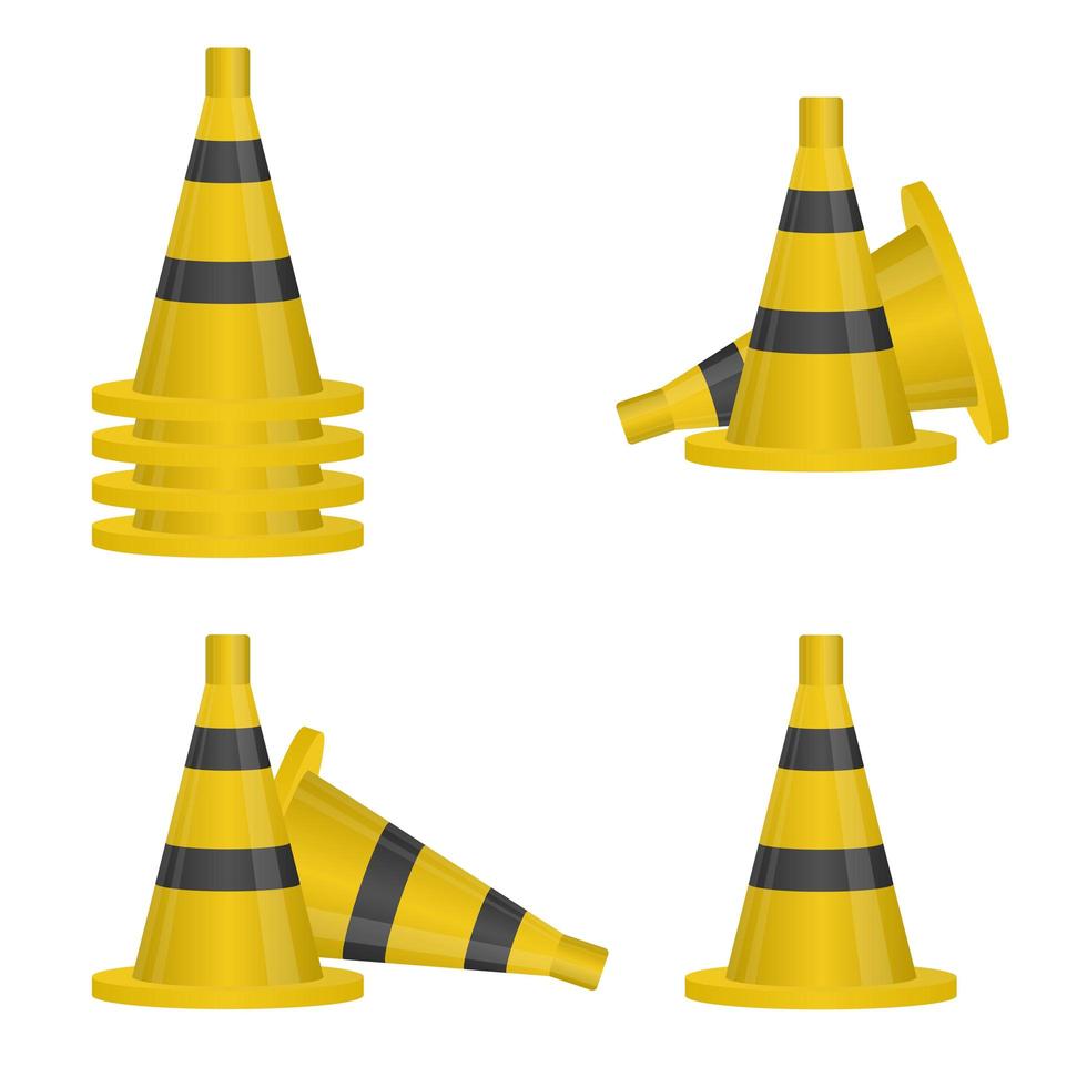 conjunto de cones de trânsito preto e amarelo vetor