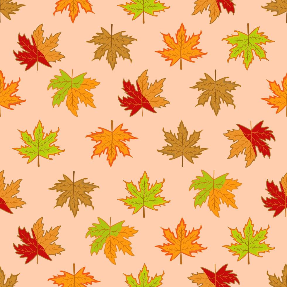 vetor - teste padrão sem emenda abstrato de muitas folhas de plátano no fundo laranja claro. outono, temporada de outono.