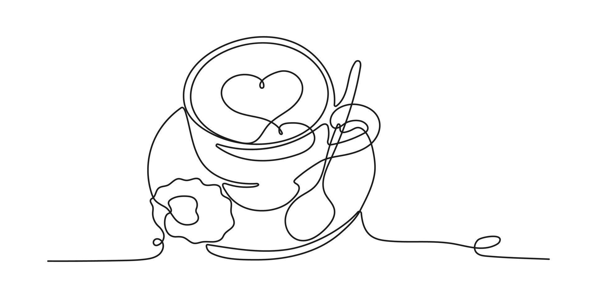 único desenho de linha contínua de uma xícara de café com colher e biscoitos. exibição de conceito de bebida de café para cafeteria. uma ilustração de design de desenho de linha. vetor. vetor