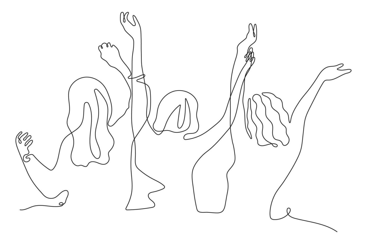 grupo de desenho linear de mulheres. mãos ao ar. grupo de aplausos, ilustração vetorial de uma linha contínua. pessoas em pé no concerto, reunião. conceito de público feliz. vetor