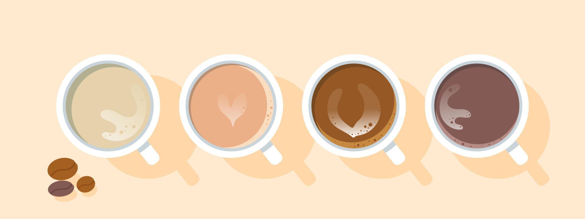 conjunto de diferentes tipos de café. copos de café variados. vista do topo. ilustração vetorial plana. vetor