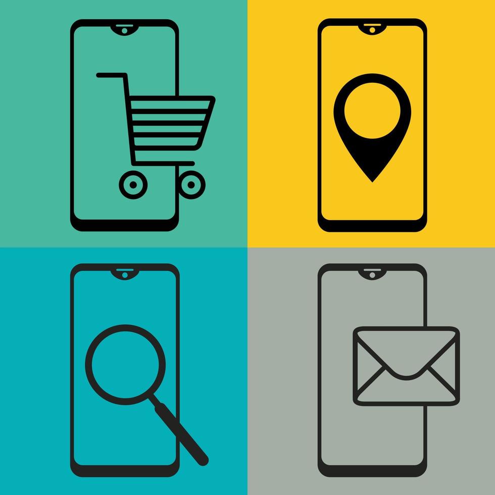 compras de smartphones icons.online, navegação, pesquisa, mail.a conjunto de ícones planos para ilustração web design.vector. vetor