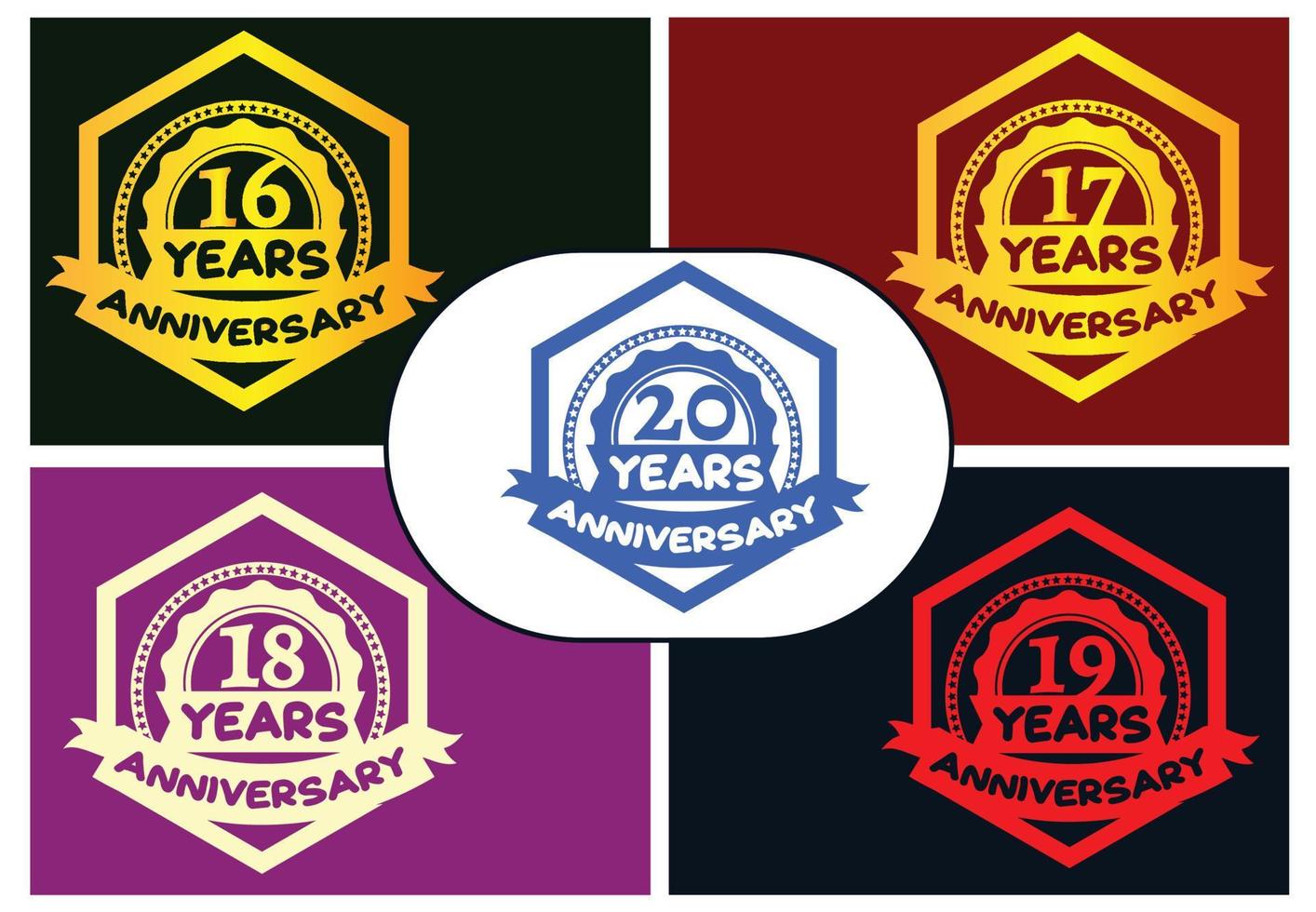 Logo de aniversário de 16 a 20 anos e pacote de design de adesivo vetor