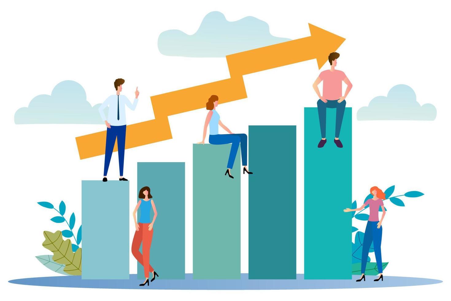 empresários administram investimentos, soluções conjuntas para dificuldades. pessoas no fundo da ilustração vetorial charts.flat. vetor