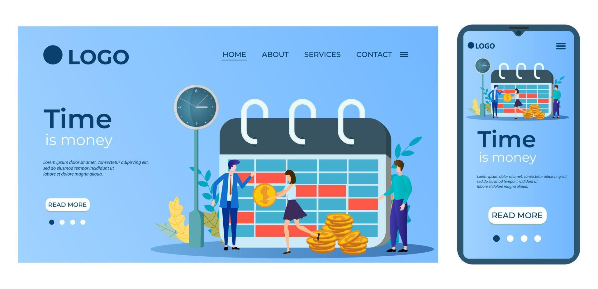 tempo é dinheiro.modelo para a interface do usuário da página inicial do site.modelo da página de destino.o design adaptável da ilustração smartphone.vetor. vetor