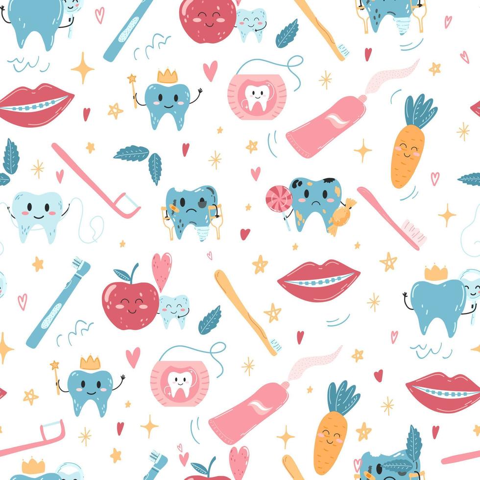 padrão perfeito com personagens de dentes kawaii desenhados à mão e produtos de higiene bucal em estilo plano de desenho animado. ilustração vetorial de fundo de crianças de desenho animado para papel de embrulho, impressão de tecido, capa, cartão vetor