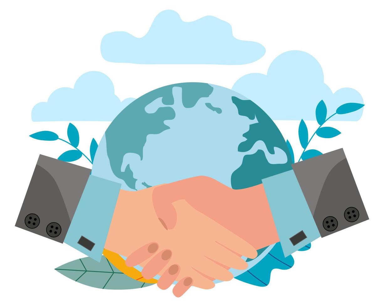mãos de pessoas diferentes, aperto de mão no fundo do globo. o conceito de parceria, amizade e cooperação. vetor