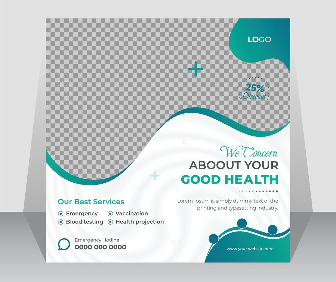 postagens de mídia social de serviços de saúde médicos modernos e design de modelo de folheto quadrado de promoção de banner da web vetor