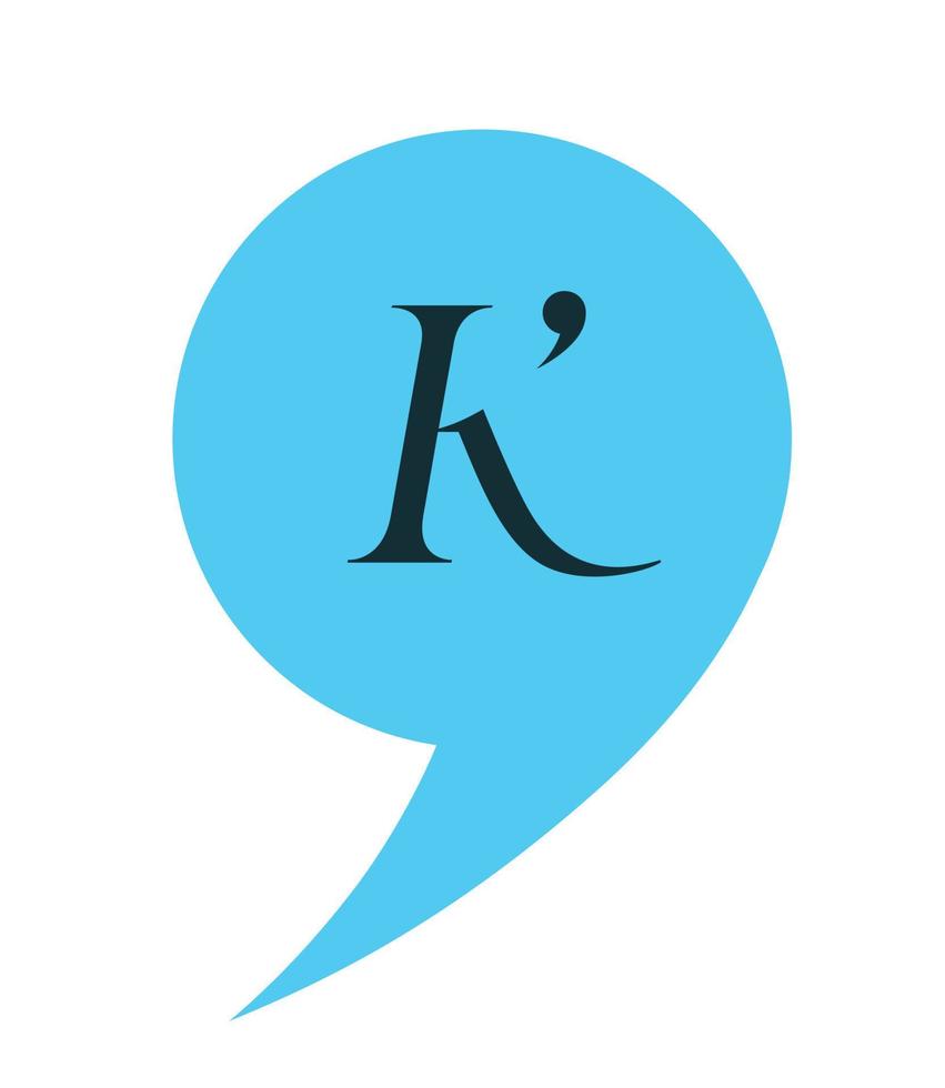 letra latina k na nuvem azul em quadrinhos. logotipo para pr ou empresa de publicidade, monograma da moda. símbolo de comunicação. vetor