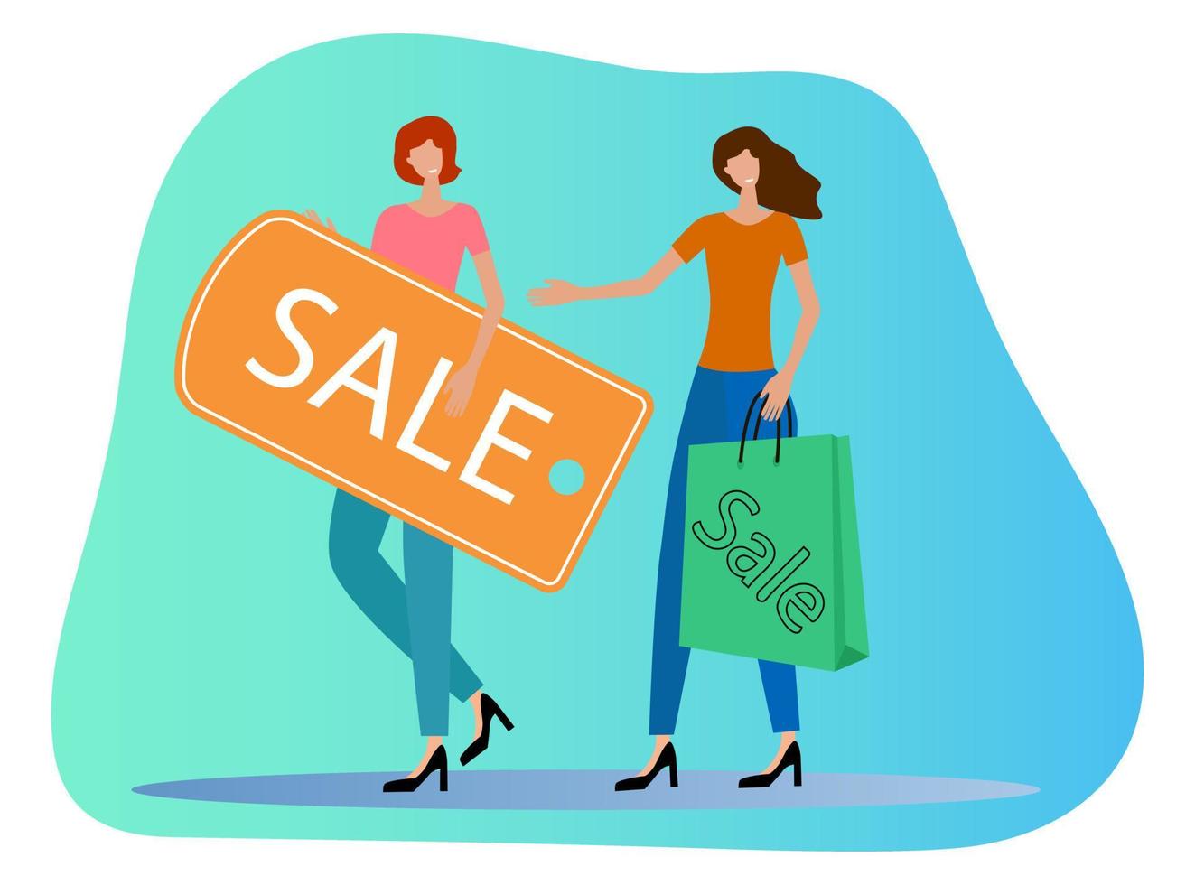 vector plana illustration.two jovens mulheres felizes segurando um saco e uma etiqueta do sale.can ser usado para vendas sazonais.