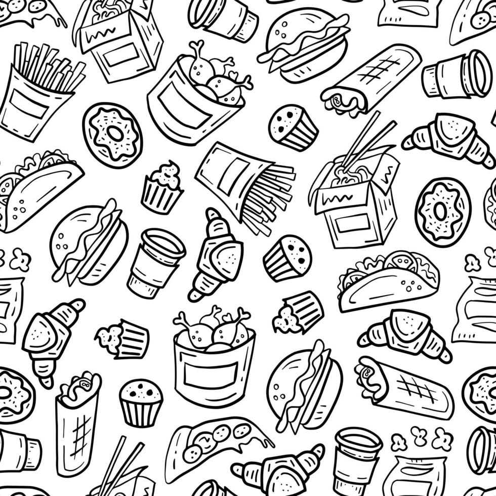 fundo sem costura de fast food no estilo doodle de desenho animado vetor