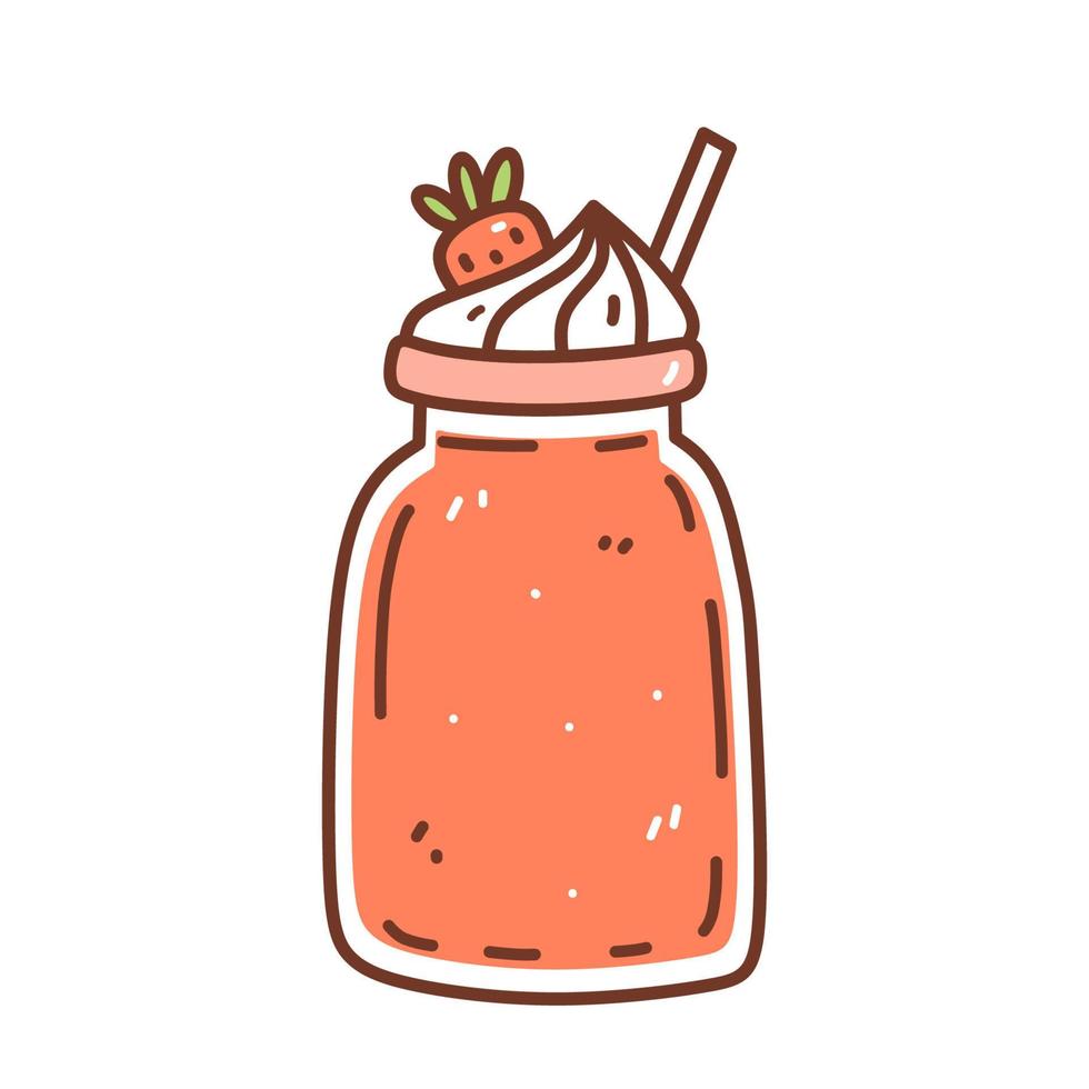 milkshake de morango com chantilly isolado no fundo branco. ilustração vetorial desenhada à mão em estilo doodle. perfeito para cartões, logotipo, decorações, menu, vários designs. vetor