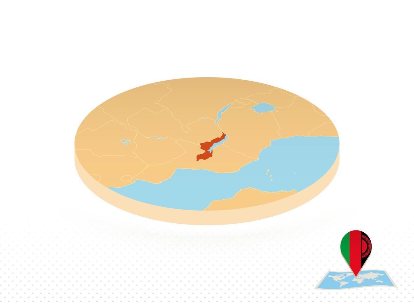 mapa do malawi projetado em estilo isométrico, mapa de círculo laranja. vetor