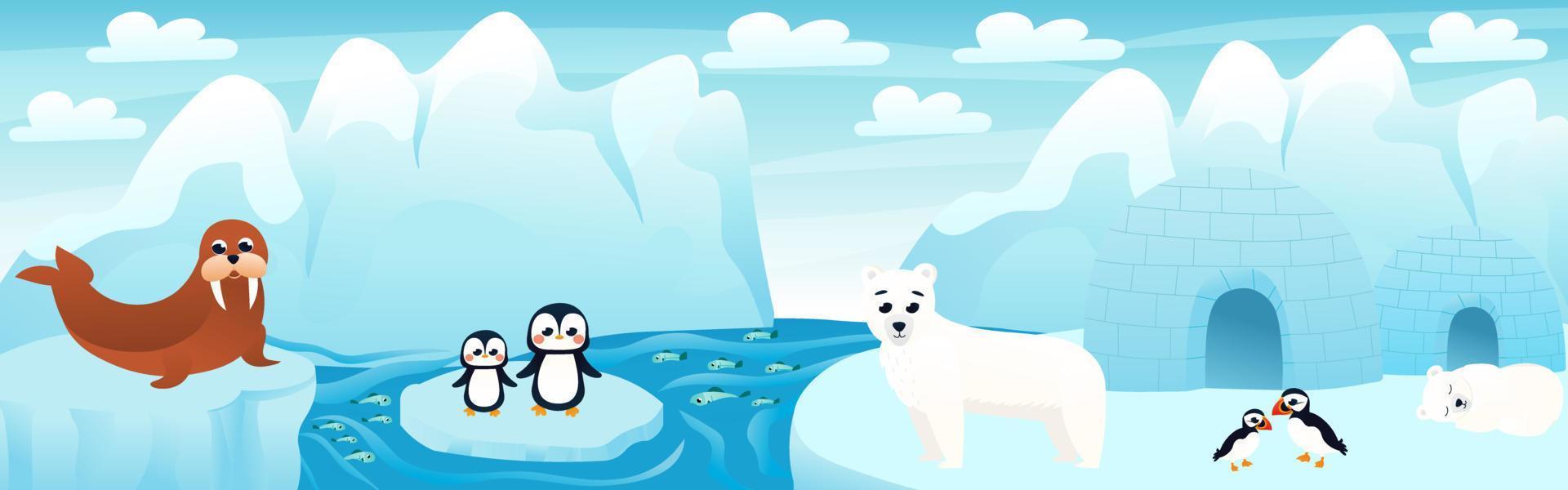 paisagem polar com animais bonitos dos desenhos animados com peixes e iceberg, cena ártica com urso polar e pinguins acenando com as mãos, selo sentado na neve, pôster de zoológico horizontal para design de jogos vetor