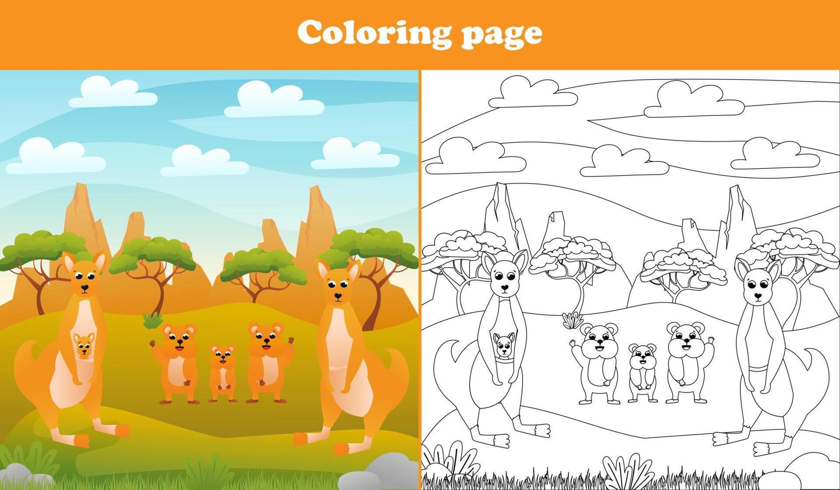 página para colorir imprimível para crianças com cena australiana com canguru e animal quokka fofo, planilha para escola vetor
