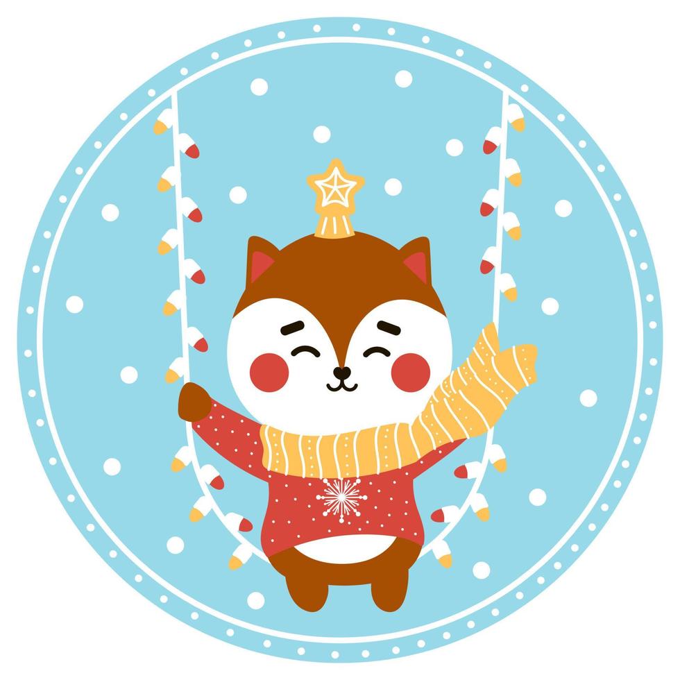 bola de natal com personagem de gato ou raposa fofo vetor