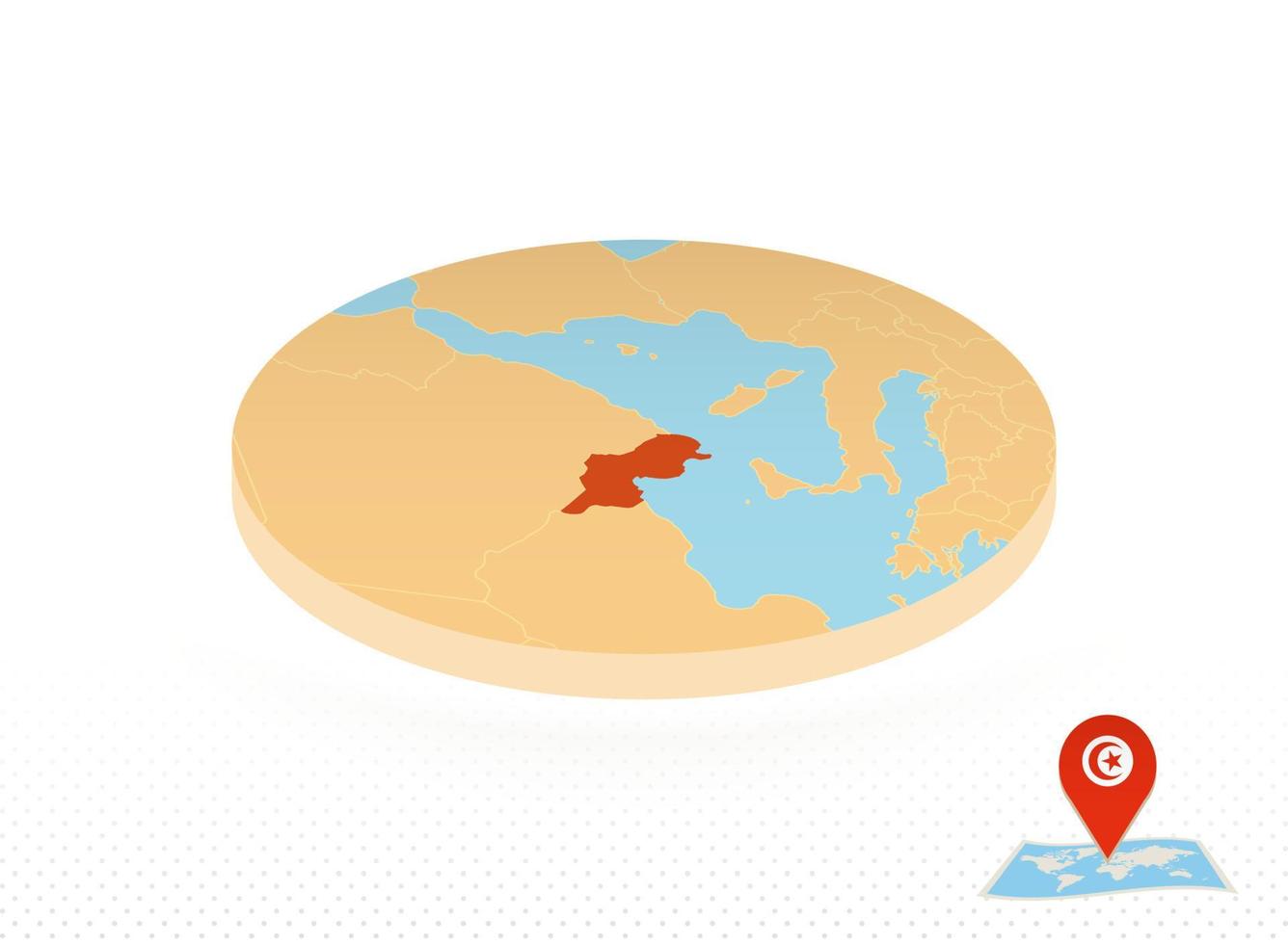 mapa da tunísia projetado em estilo isométrico, mapa de círculo laranja. vetor