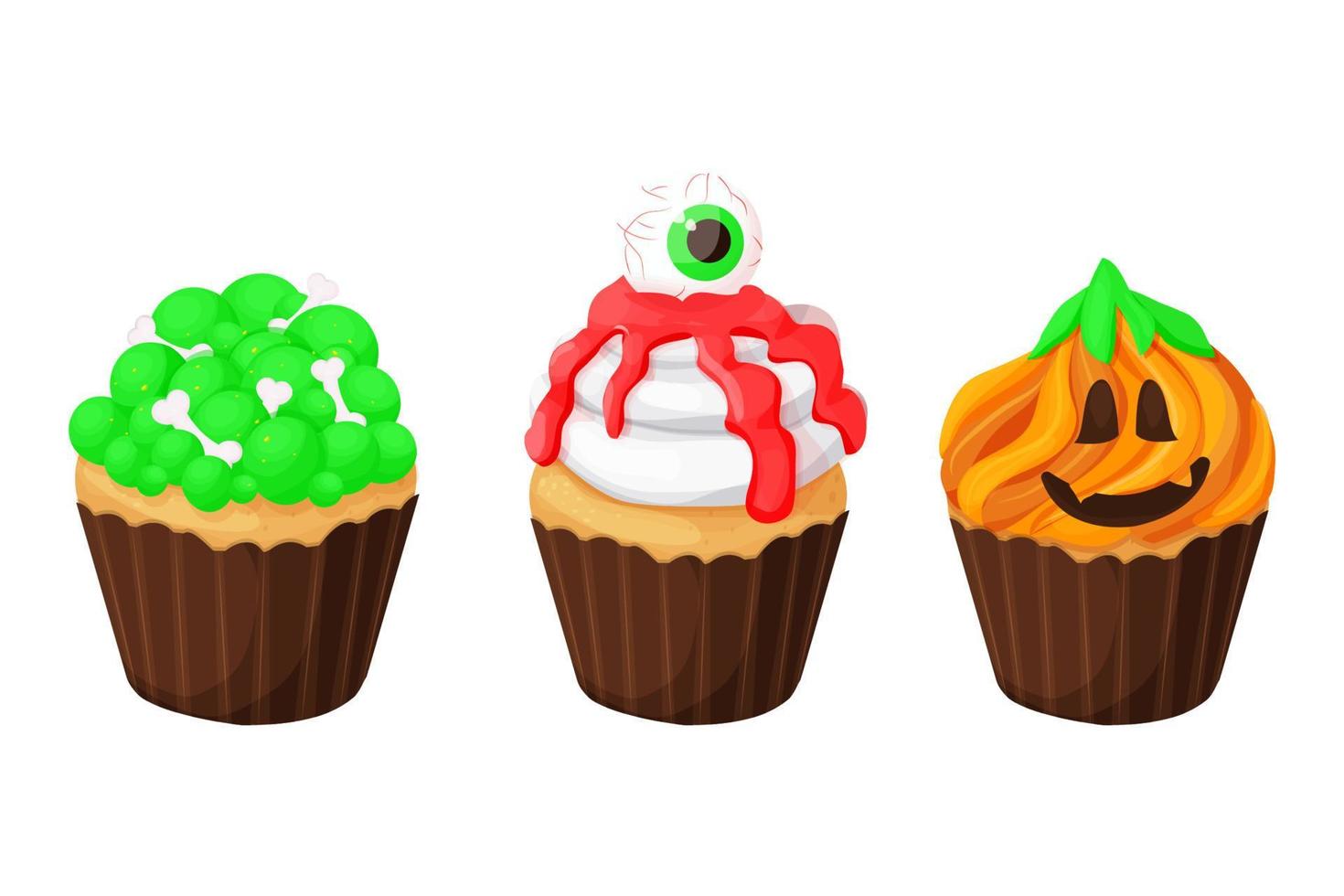 definir sobremesa de monstro de halloween cupcake com ossos, sangue, cara de abóbora em estilo cartoon, isolado no fundo branco. ilustração vetorial vetor