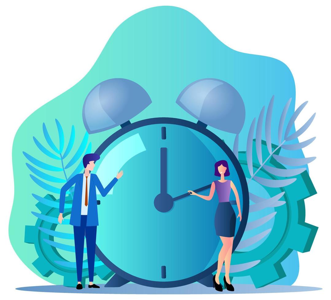 time-management.people perto de um grande despertador. o conceito de gerenciamento de tempo, fornecendo ilustração vetorial services.flat expresso. vetor