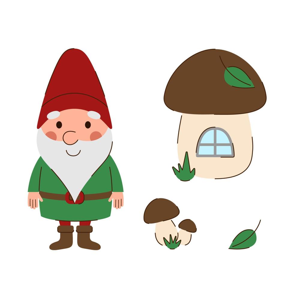 gnomo feliz com casa de cogumelos, cogumelos e folhas isoladas no fundo branco. anão de chapéu vermelho e roupas verdes. ilustração vetorial de crianças vetor