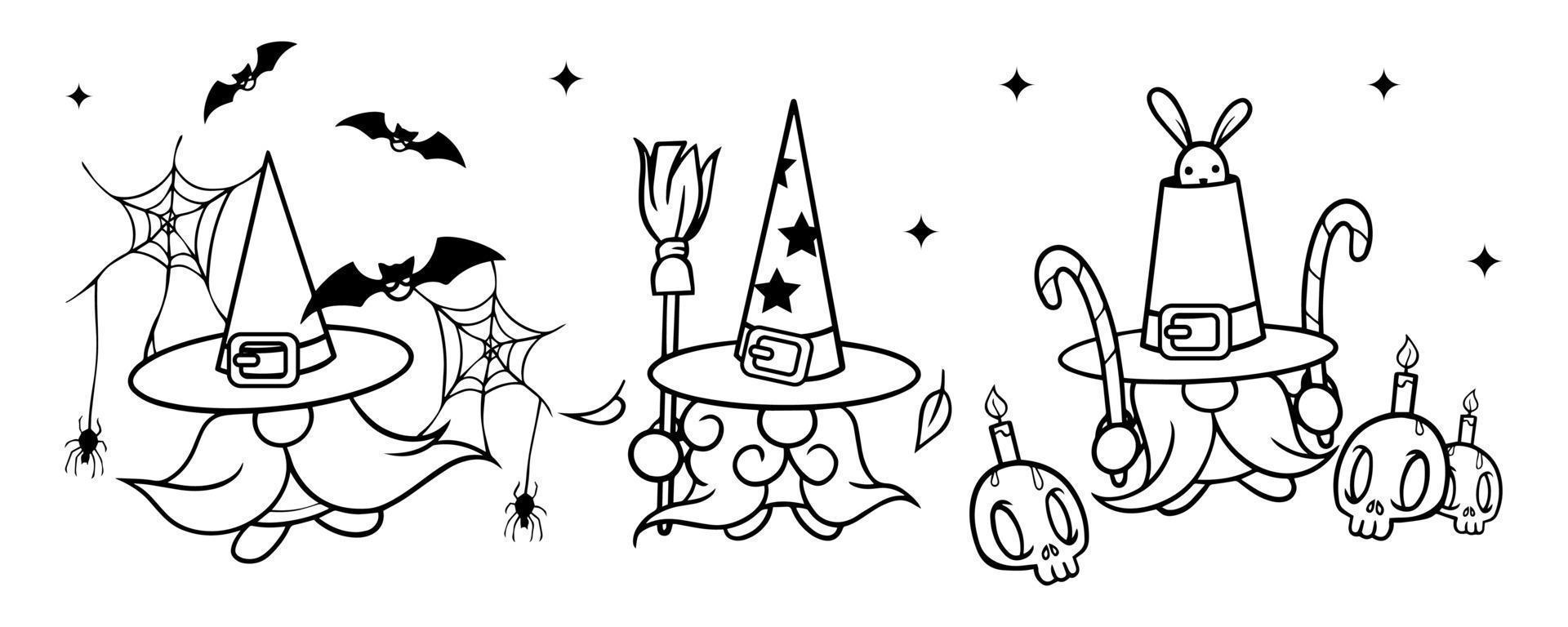 gnomo de vetor de halloween no chapéu com doces, coelho, morcego, teia de aranha, vela e barba. definir o cartão de felicitações de férias de vetor. doçura ou travessura. isolado no fundo branco. para panfletos, convites, cartões.