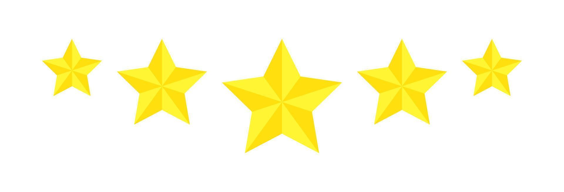 classificação de cinco estrelas, revisão de ícone plano para aplicativos e sites. adesivo amarelo de 5 estrelas isolado em um fundo branco. para classificações de clientes ou níveis de produtos alimentícios, serviços, hotéis ou restaurantes. vetor