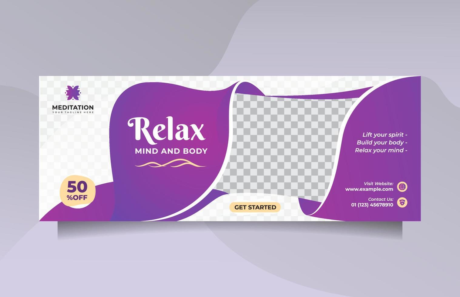 banner de mídia social de design de modelo horizontal criativo e moderno para promoção de aula de ioga com cor roxa limpa vetor