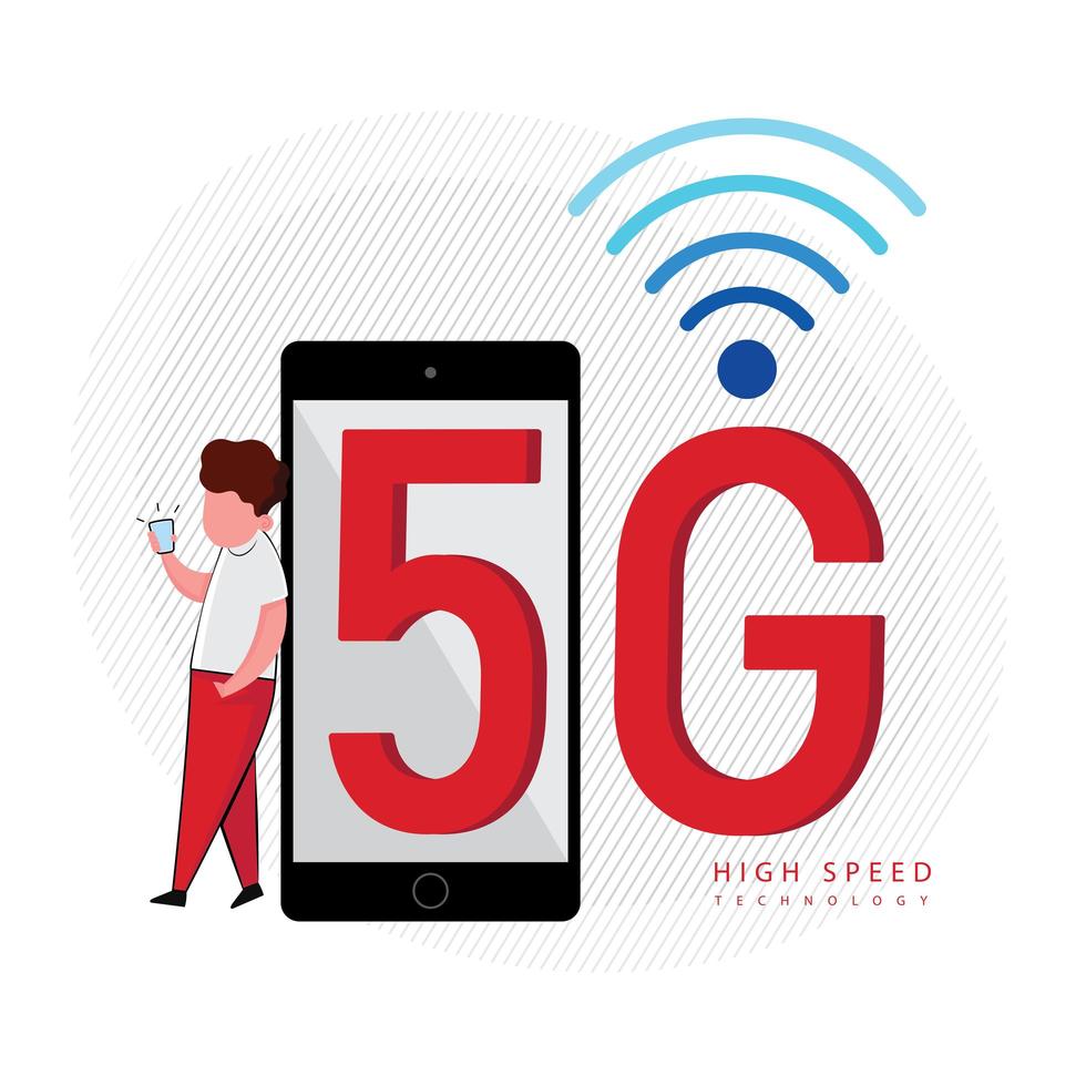 Tecnologia de sinal 5g com homem apoiado no telefone vetor