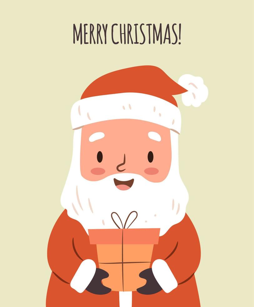 fofo papai noel com um presente de natal. personagem de vetor plano para cartão postal de feliz natal, design de cartão de saudação.