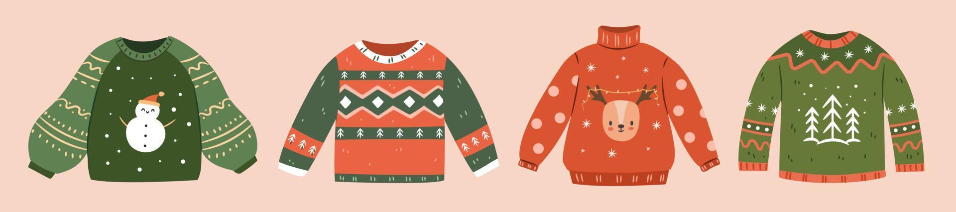 conjunto de camisolas feias de natal. coleção de camisolas de inverno de malha com enfeites de natal. ilustração vetorial desenhada à mão vetor